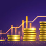 Investment Options: A graphical image with stacks of gold coins incrementally increasing in height from left to right. An upward-pointing red arrow follows the trajectory of the stacks, indicating growth in investment options. The background features a dark purple grid with abstract bar graphs. | TitaniumInvest