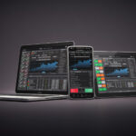 Three devices—a laptop, a smartphone, and a tablet—display trading platforms with stock market charts, graphs, and financial data on their screens, placed against a dark gradient background. | TitaniumInvest