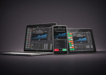 Three devices—a laptop, a smartphone, and a tablet—display trading platforms with stock market charts, graphs, and financial data on their screens, placed against a dark gradient background. | TitaniumInvest