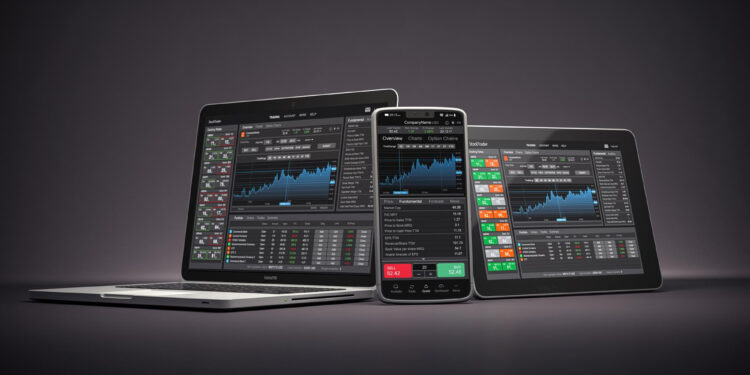 Three devices—a laptop, a smartphone, and a tablet—display trading platforms with stock market charts, graphs, and financial data on their screens, placed against a dark gradient background. | TitaniumInvest